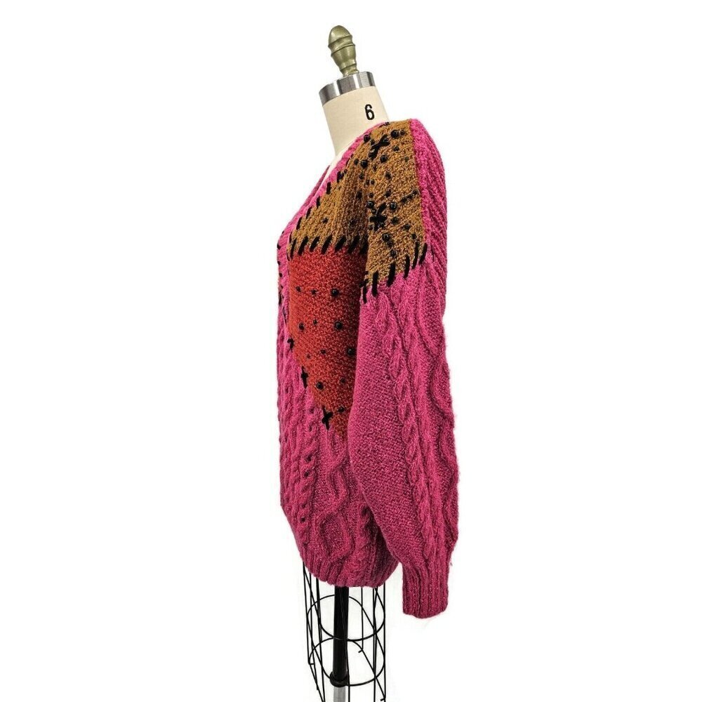 Vtg Deadstock Sideffects V Neck Sweater Womens S Beaded Pink Wool Blend - Picture 7 of 9
